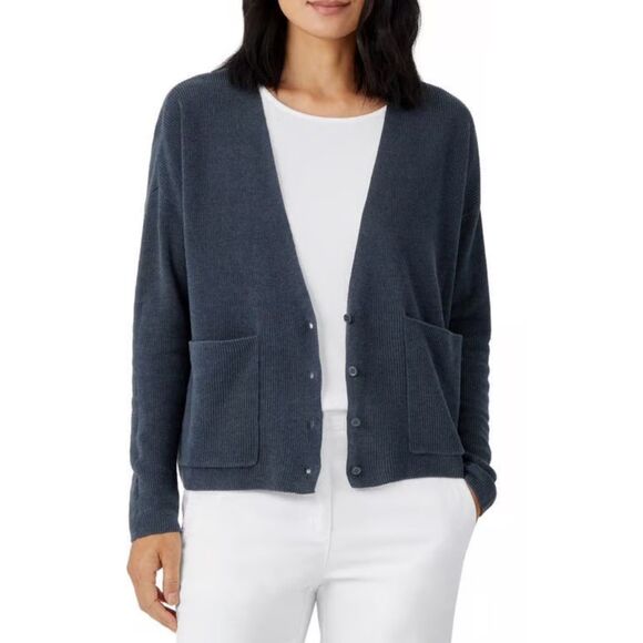 EILEEN FISHER Organic Linen/Cotton V-Neck Button Front Cardigan, Ocean, Sz M - Picture 1 of 8